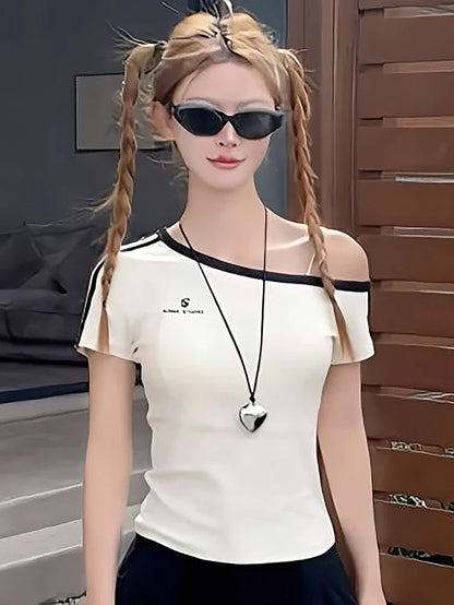 Summer 100% Cotton White Off shoulder Top Women Sport Casual Body Short sleeve T shirt Female Sexy Basic Tees Korean