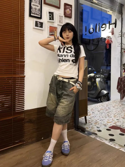 Japanese Y2k Letter Print T-shirt Trashy 2000s Style Crop Top Vintage Harajuku Short Sleeve Tee Shirt American Retro 90s