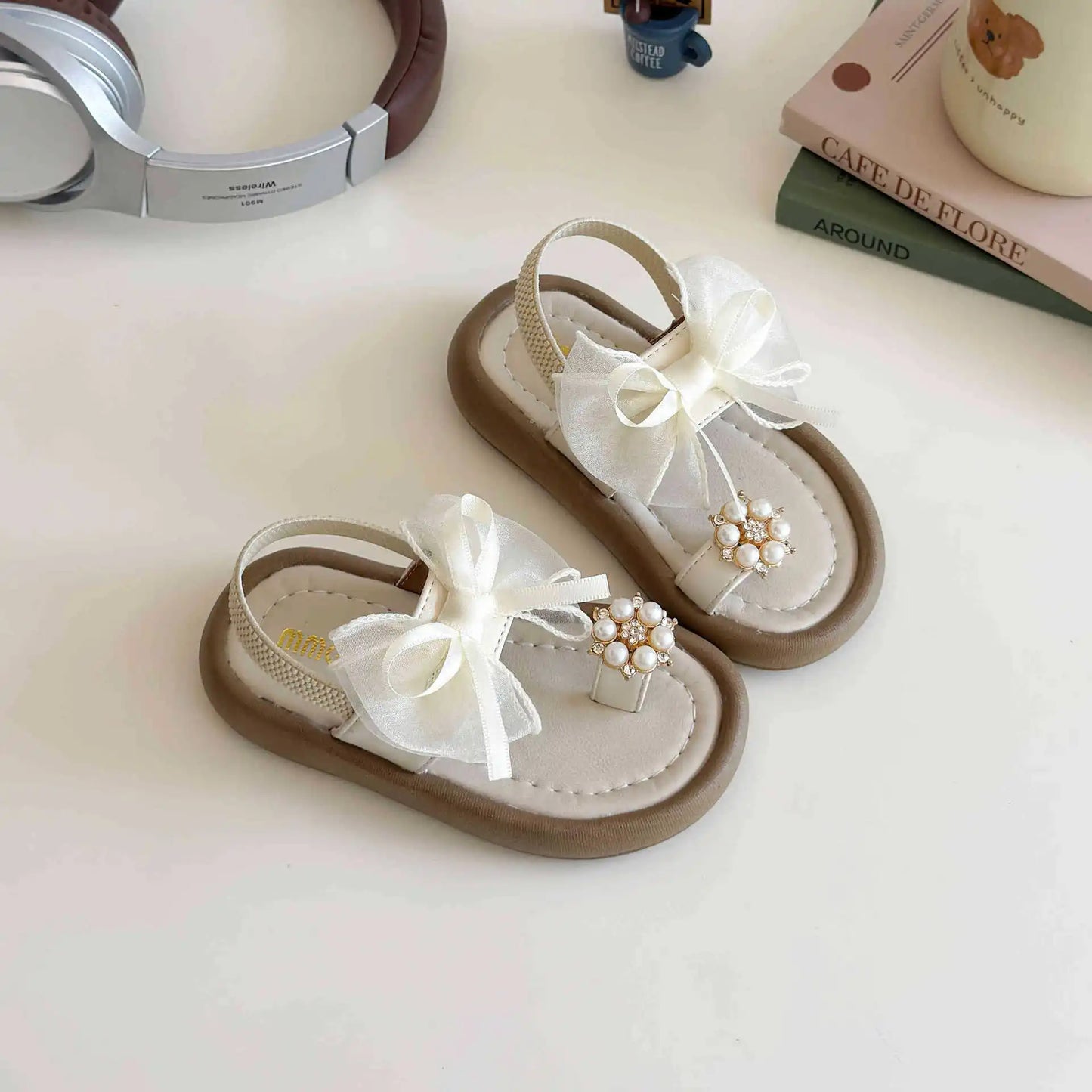 Brand Designer Ribbons Sandals for Girls Beaded Flip Flop Evening Party Dress Shoes Tulle Bow-tie Child Shoes Girl Sandal I06034