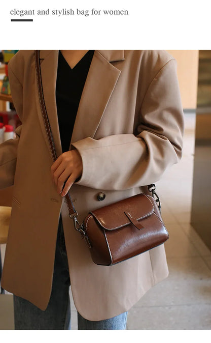 Women's Small Phone Bag Fashionable Oil Wax Cowhide Leather Handbag Versatile and Simple Shoulder Bag High Quality Crossbody Bag
