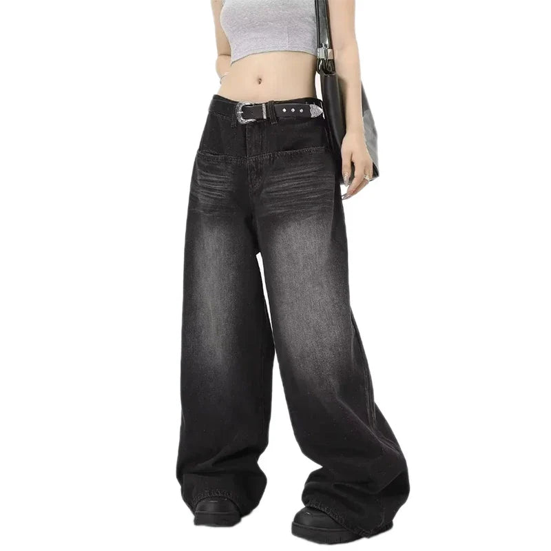 Oversized Retro Black Jeans Wide Leg Pants For Women