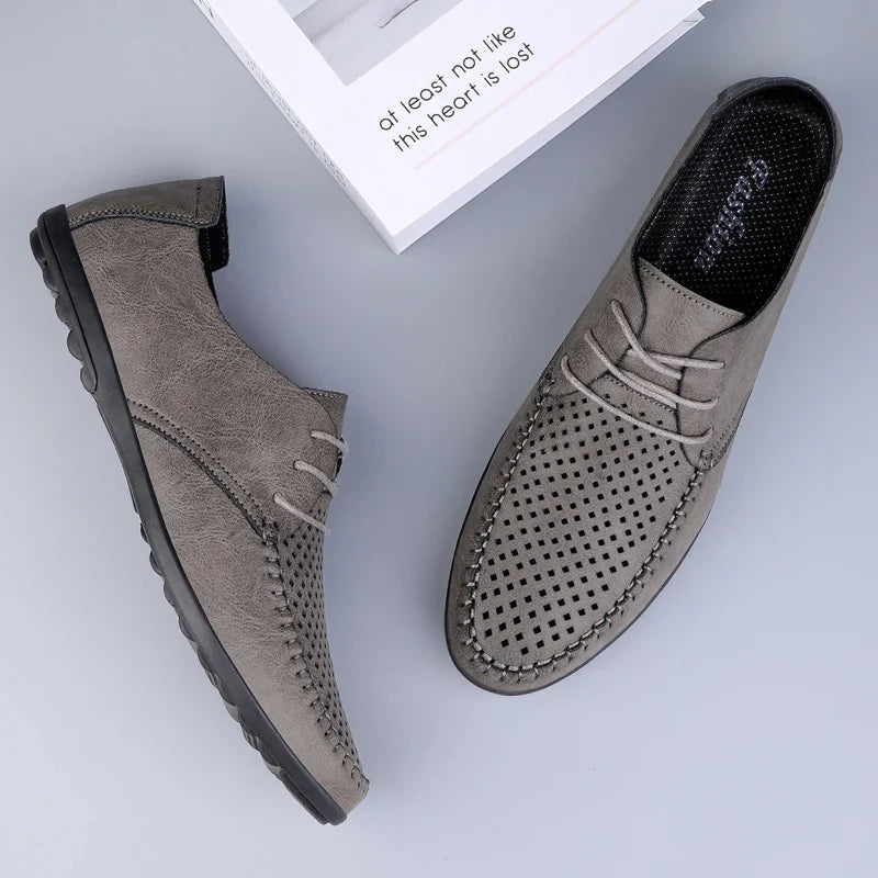 Summer Hollow Out Leather Shoes Men Luxury Italian Men Casual Handmade Moccasins Designer Breathable Boat Shoes