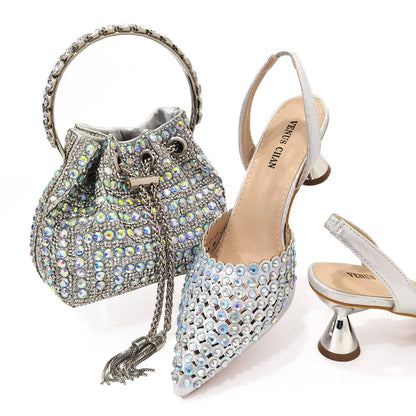 Mix Sapatos Femininos Salto Alto Bico Fino Designer Luxuoso Pedras Coloridas Festa Noturna Conjunto Combinando Sapatos e Bolsas