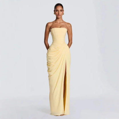 Women Sexy Solid Pleated Strapless Dress Lady Chic Off-shoulder Backless High Waist Split Dresses 2026 New Evening Party Gown
