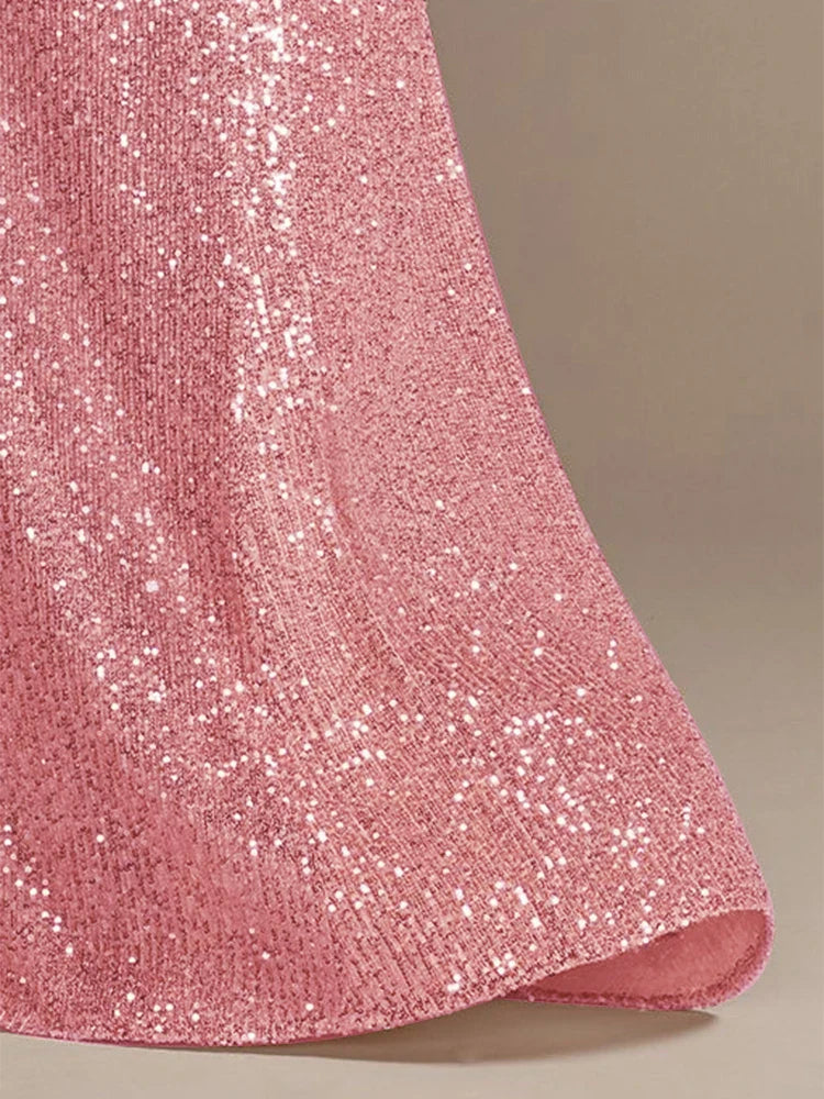 Luxury Pink Floor Length V-Neck Evening Dress 2025 Women Elegant Party Maxi Dress Sequin Short Sleeves Prom Cocktail Gowns