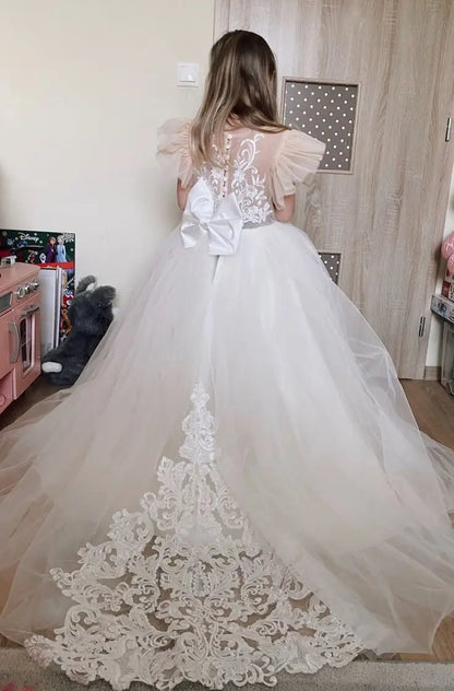 Pretty Dress Pink Flower Girl Dress Princess Lace Floral Appqulies Tulle Fluffy Skirt Floor Length Ball Gowns Comuunion Party
