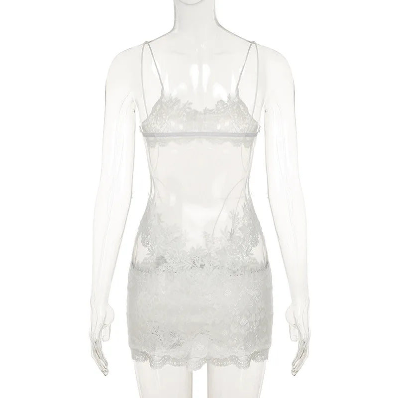 Lace Transparent Mini Dress Sexy Women Wrapping Spaghetti Embroidery Flower Sheath Nightwear Club Mesh Wave Fantacy