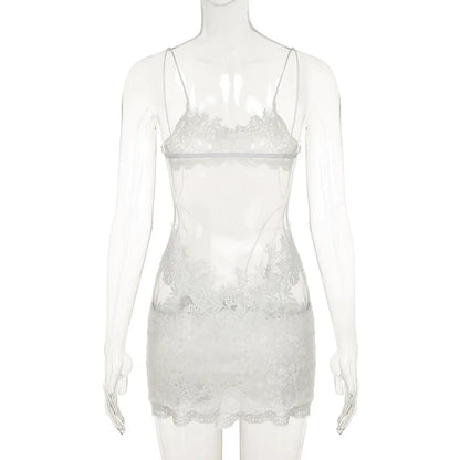 Lace Transparent Mini Dress Sexy Women Wrapping Spaghetti Embroidery Flower Sheath Nightwear Club Mesh Wave Fantacy