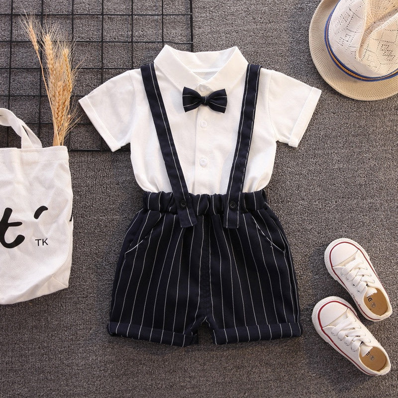 Gentleman Baby Boss Suit White Polo Shirt Stripe Straps Shorts Set 1st Birthday Outfit for Baby Kids Boys Wedding Party Tuxedo