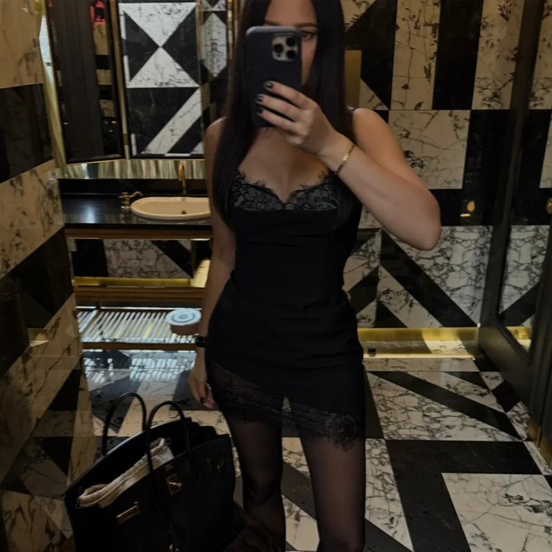 Solid Patchwork Lace Dresses For Women Fashion Sexy Straps Sleeveless V-Neck Sheath Sheer Mini Vestidos Robes Female Slim Fit
