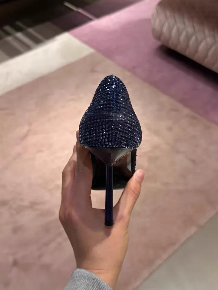 Novos sapatos femininos de salto alto finos pontiagudos com strass de malha, sapatilhas de bico fino, sandálias sexy apimentadas