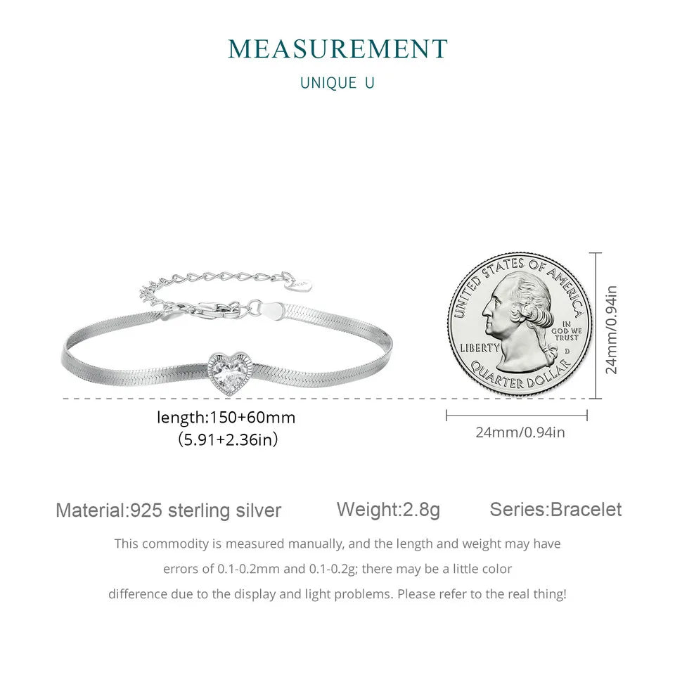 925 Sterling Silver Punk Herringbone Snake Chain Bracelet Heart Blade Chain Link Platinum Plated for Women Fine Jewelry