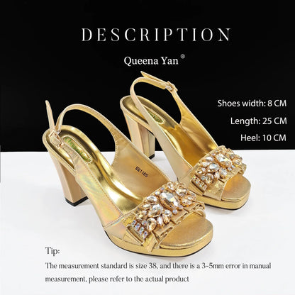 Spot goods INS Gold Color Elegant Women Heels Shoes and Bag Set Decoration Rhinestones Women High Heels Shoes