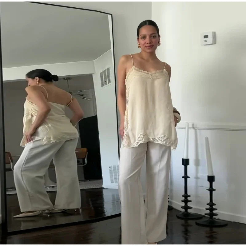 Sexy Lace Sling Tank Top Women Stain Sleeveless V Neck Backless Loose Tops Female 2025 Summer Autumn Chic Street Homewear Lady