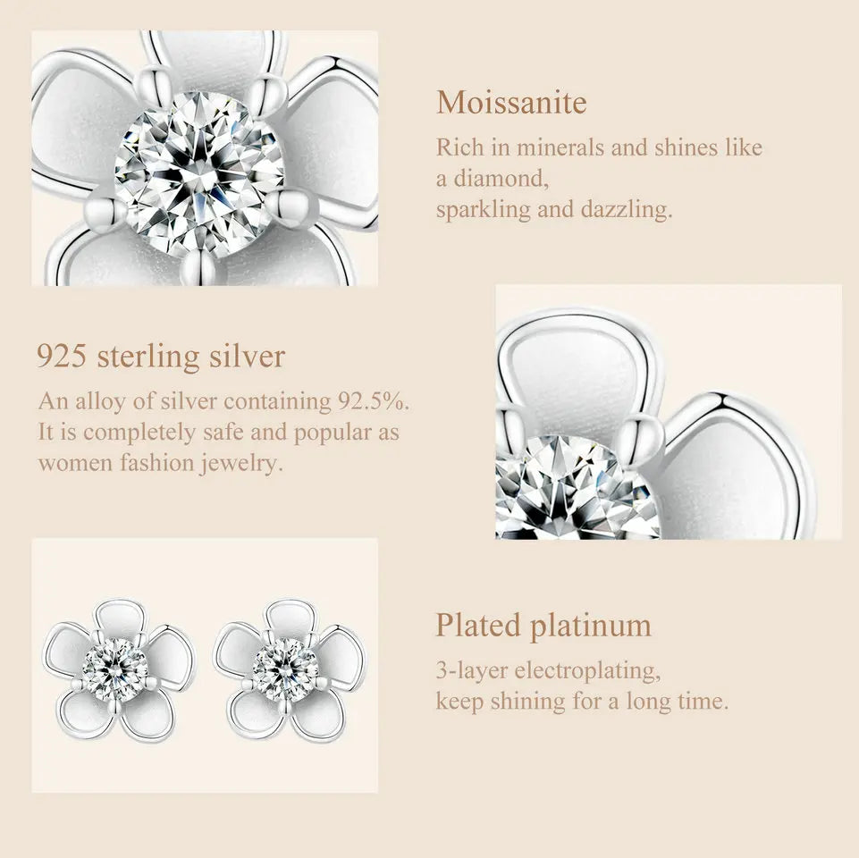 Moissanite 925 Sterling Silver Stud Earrings, Brilliant Sakura Shape VVS1 Clarity Lab Created Diamond Earrings