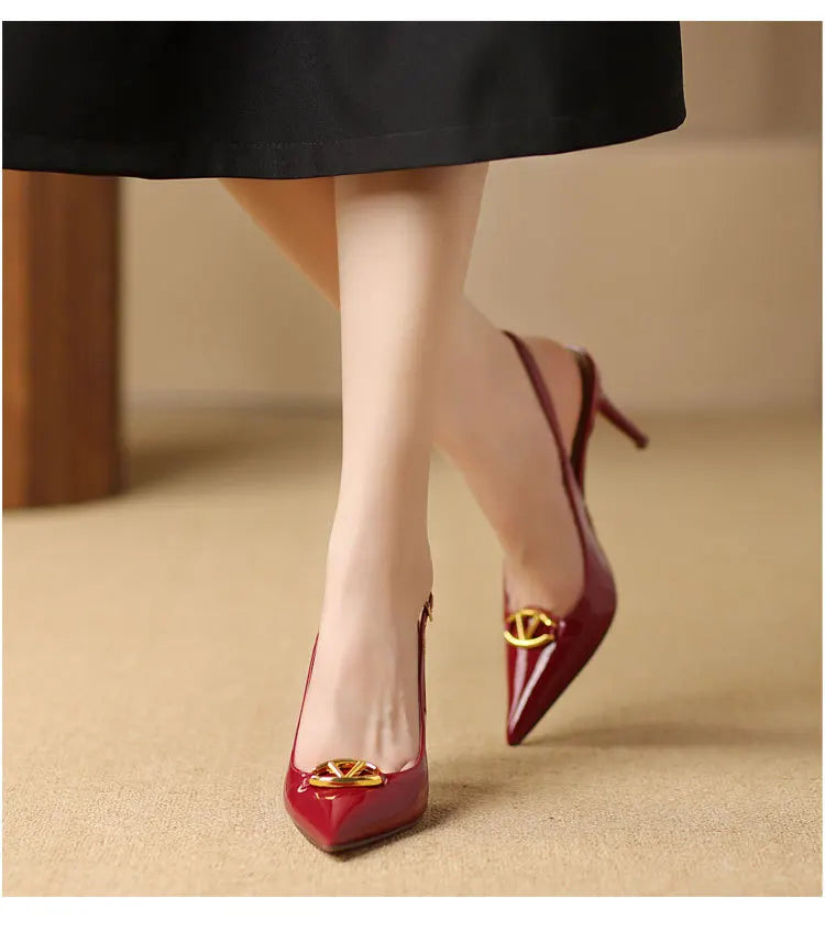 Thin heeled Baotou sandals for women's summer 2026 new style, pointed back strap, metal buckle, versatile high-heeled sandals