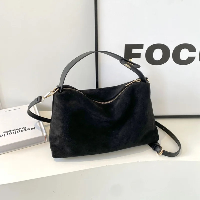 Korean suede bucket bag, women's casual commuting shoulder tote bag, autumn/winter 2025 new underarm set bag