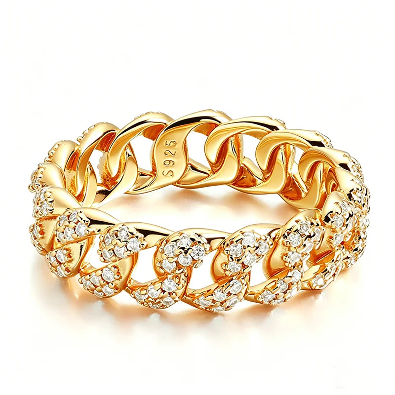 Moissanite Iced Out Cuban Link Rings Pure 925 Silver Bling Hip Hop Chain Ring for Women Men Couple Jewelry D Vvs1 Band