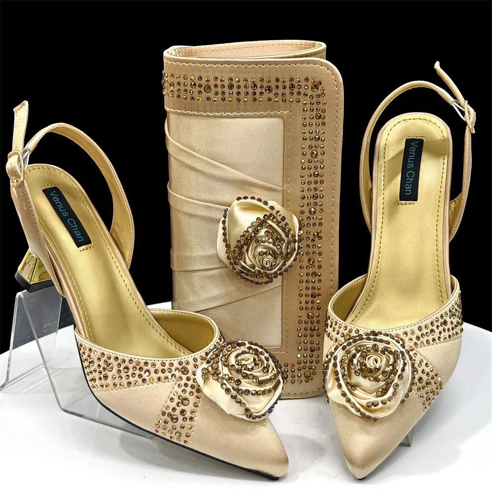 Elegant Rhinestone-Embellished Brown Heeled Shoes and Handbag Set for Women with Floral Decoration – Perfect Small Size Fashion