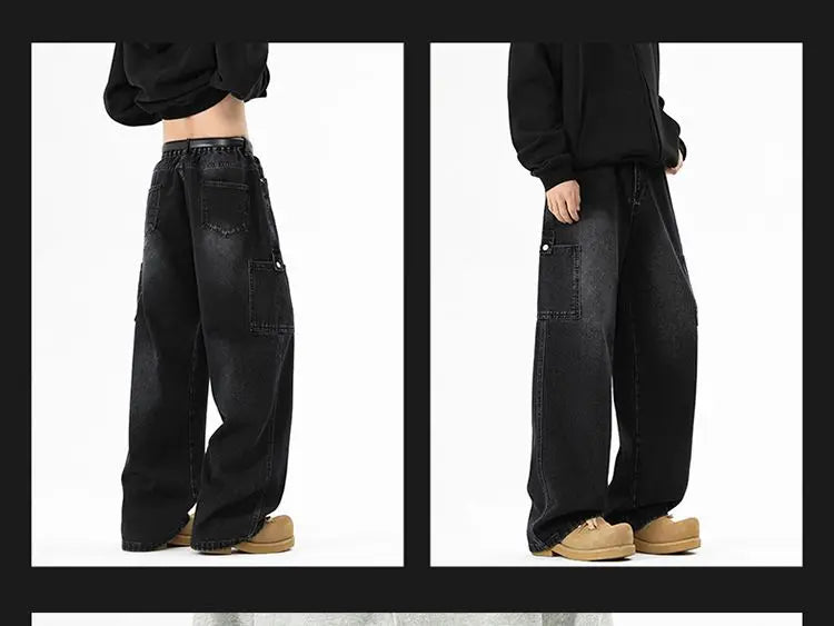 Cargo Jeans Men's Autumn New Vintage Fashion Straight Denim Trousers Casual Wide Personalized Male Clothing Pants Men Denim