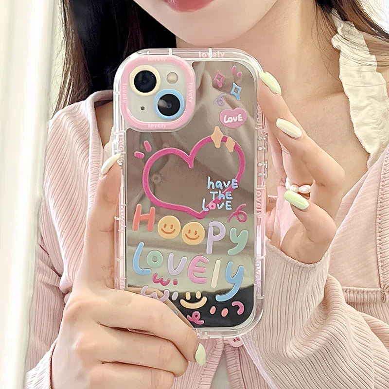 Lovely Girl Heart Mirror Phone Case For iPhone 11 12 13 14 15 16 Pro Max Shockproof