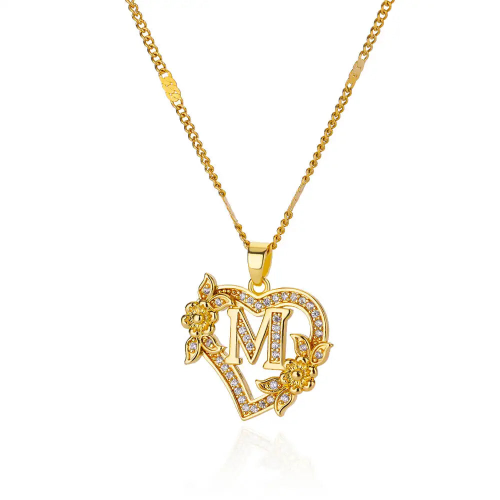 Flower Zircon Initial Heart Pendant Necklaces For Women 2024 Trend Stainless Steel Letter Necklaces Jewelry Best Friend Gifts