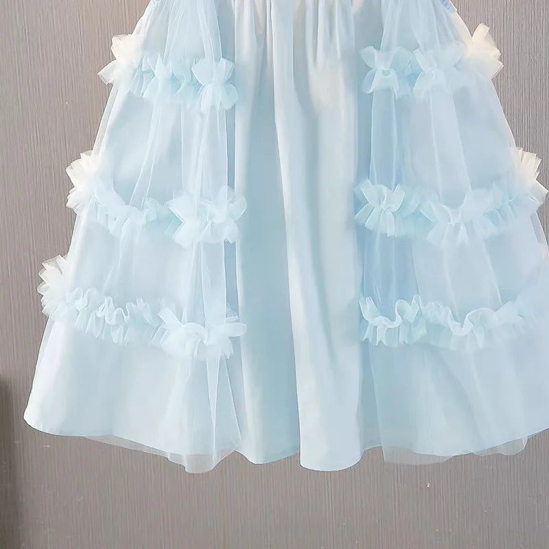 Cute blue lace sleeveless dress With Bag princess dress For 2-10 Yrs baby girls Children Clothes 6.1 Children's Day Clothing