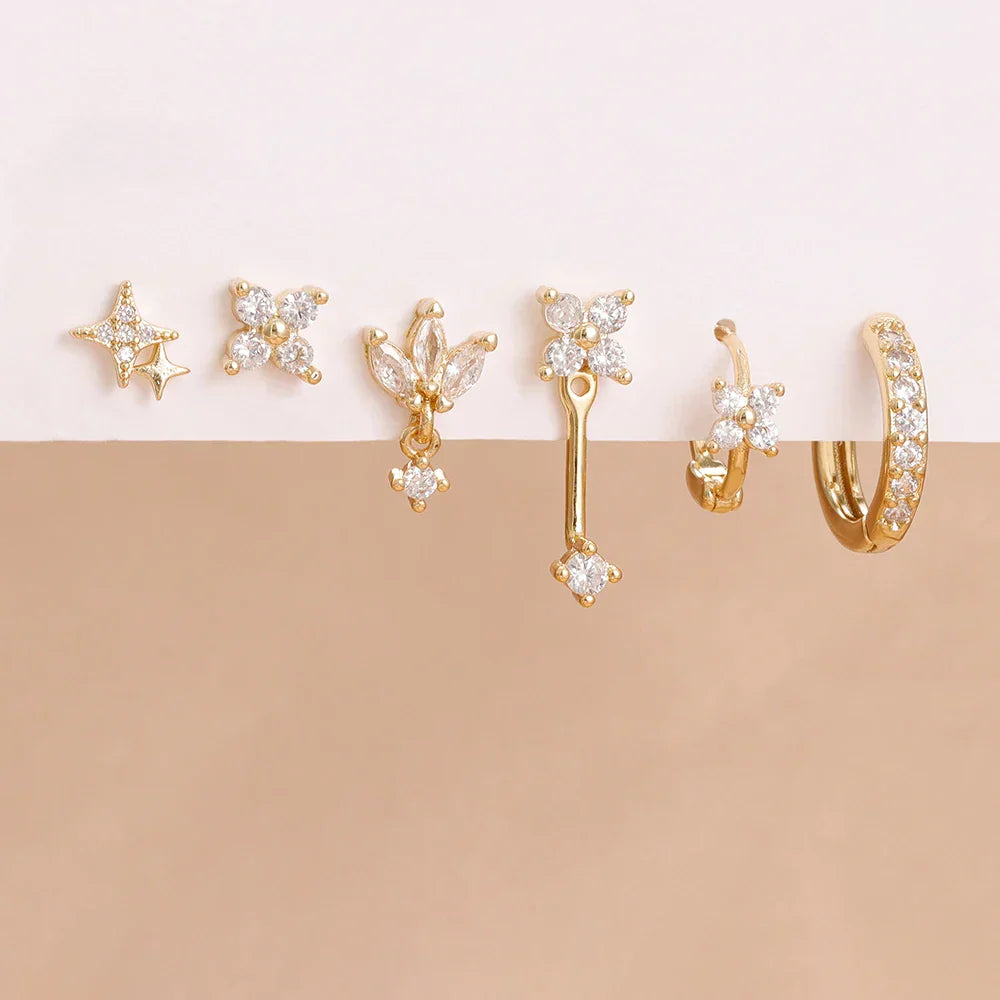 6PCS Fashion Cute Zircon Flower Ear Stud For Women Fashion 18K Gold Plated Star Ear Stud Earring Piercing Girl Set Jewelry Gift