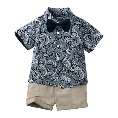 Toddler Baby Boys Sets Summer Hawaiian Outfit Infant Kids Floral Print Short Sleeve Shirt Bowtie Shirt+Shorts Gentleman Suits
