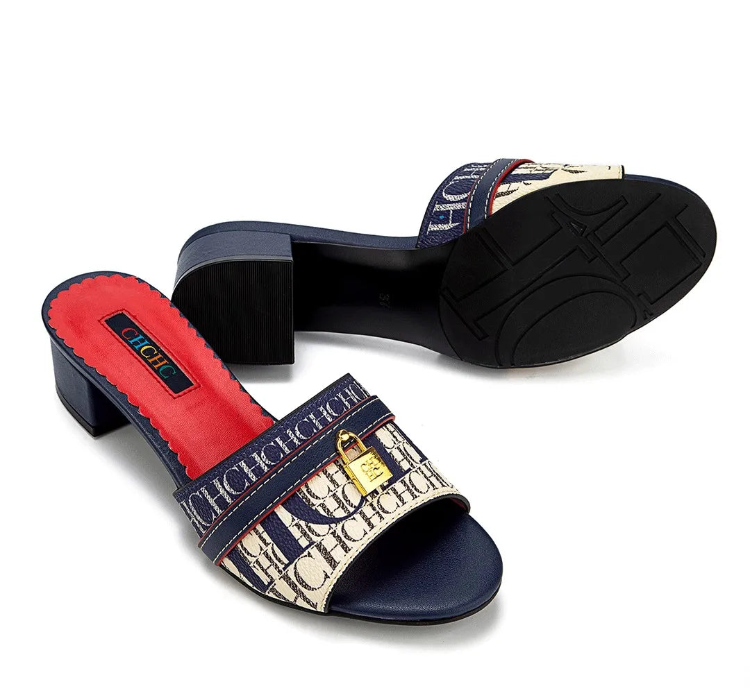 Fashionable High Quality Metal Lock Monogram Print Women's Low Heeled Slippers Temperament Versatile Women's Slippers