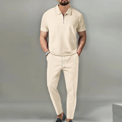 2024 New Trend Men's Sport Suit Autumn New Mens Suits Solid Color Waffle Lapel Short Sleeve Zipper Pants Set for Men
