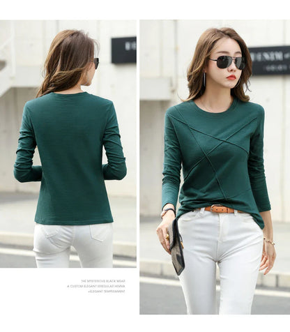 2026 Spring Long Sleeve Women O-Neck Bamboo Cotton T-Shirt Elegant Loose Ribbed Fashion Tee Shirt Ladies Simple Tops