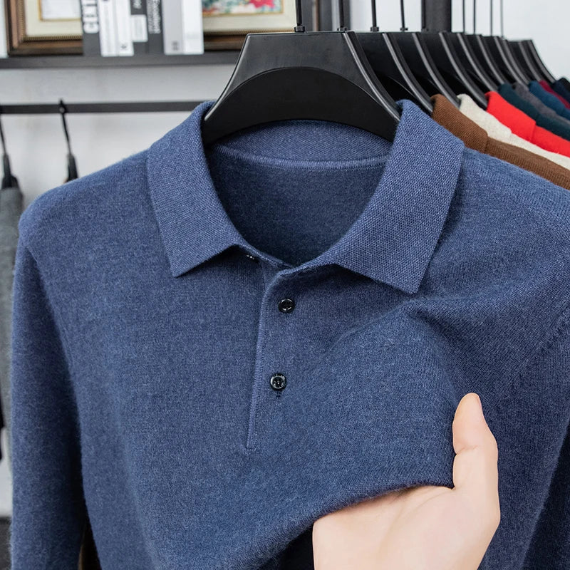 Original Quality Men's Polo Shirt Exquisite Simple Long Sleeve Knitted Lapel Sweater Autumn Winter Business Casual Menswear Top