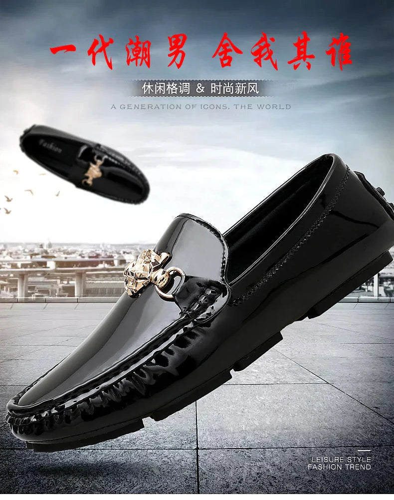 2025 Spring and Summer New Internet Celebrity Glossy Leather Peas Shoes Men's Large Size Slip-On Trendy Fashion Handmade Men's Shoes