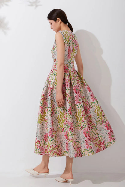 Women Summer Vintage Sleeveless Long Maxi Dress Causul Elegant Ladies Boho Jacquard Flowers Tank Party Dresses Slim Vestidos
