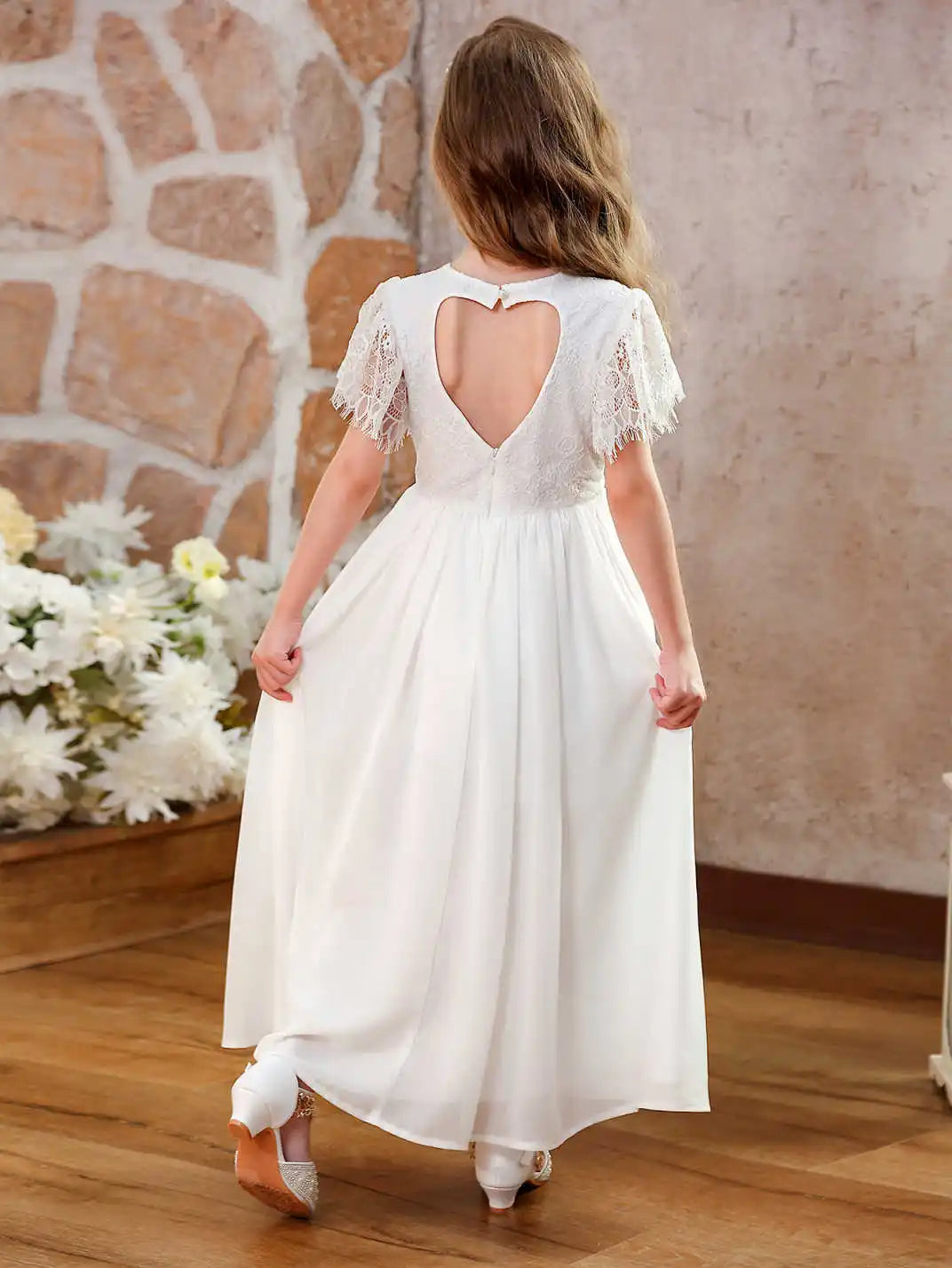 Vestidos de Festa de Casamento em Renda Chiffon Vintage para Meninas com Mangas Bufantes e Linha A, Daminha de Honra