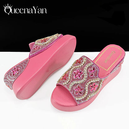 Popularity Open Toe Luxury Fashion Women High Heels Shoes and Bags Set With Rhinestone for Wedding Party Elegant