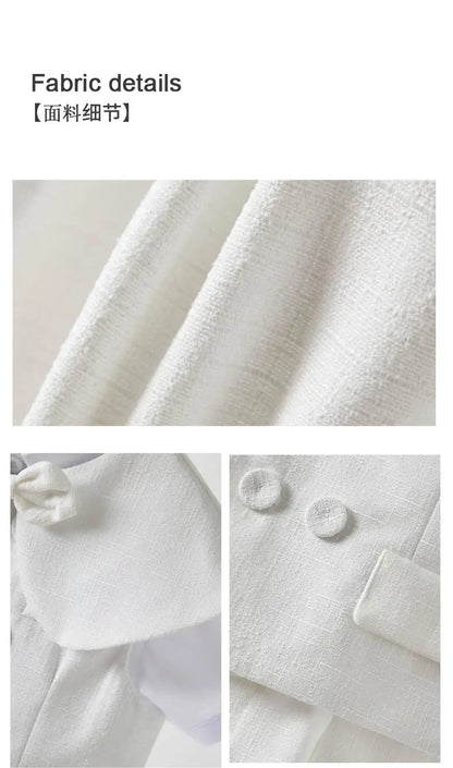 Boys White Linen Suit Set Summer Short Sleeve shawl  Vest & suspenders Shorts Gentleman Outfit for Wedding Party Occasions
