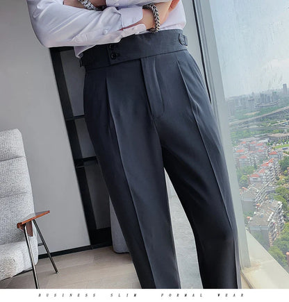 Men British Style Suits Pants New Male Solid High Waist Trousers High Quality Men Formal Slim Fit Business Casual Suit Pants