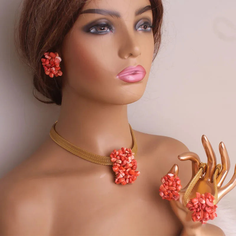 African Wedding Coral Beaded Fine Jewelry Set For Women High Quality 2023