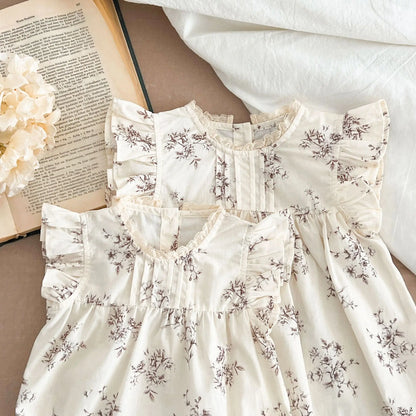 Summer Girls Dress Children's Clothing Bow Embroidered Flower Collar Girl's Dress Cartoon Printed Flying Sleeves Princess Dress