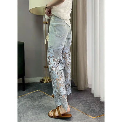 Vintage Flower Hollowed-out Jeans Cool Pants