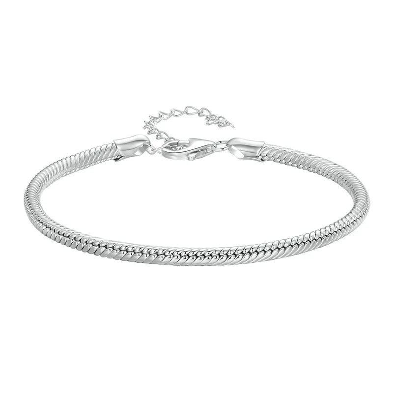 Original Solid 925 Sterling Silver 3mm Snake Chain Bracelet for Women Men, White Gold Plated Charm Bracelet DIY fit Beads