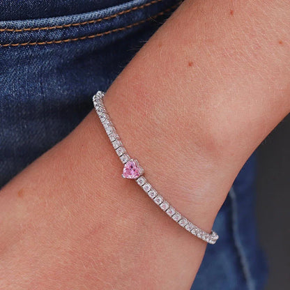 2mm Round Moissanite Tennis Bracelets with 5mm Pink White Heart Cut Diamond Bracelet for Women Men 925 Sterling Silver Bangle