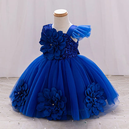 New Red Single Shoulder Sparkling Flying Sleeve Baby's Birthday Party Dress 0-6 Year Old Girl Pageant Dresses for Toddler Girls