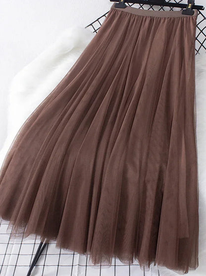 New large hem chiffon long skirt for women's Korean casual simple solid color three-layer A-line high waisted long skirt