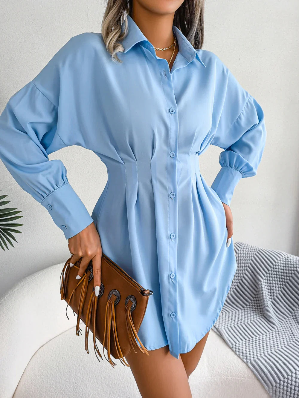 Women Casual Buttons Long Sleeve Shirt Dress Autumn 2026 Solid Color Lapel Mini Dress White Blue Army Green Woman Clothing