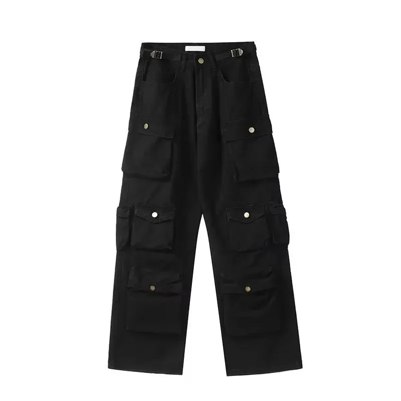2025SS New Men's Casual Hip-hop Multi Pocket Functional American Retro Brand Fashionable Straight Leg Wide Leg Work Pants Y2K