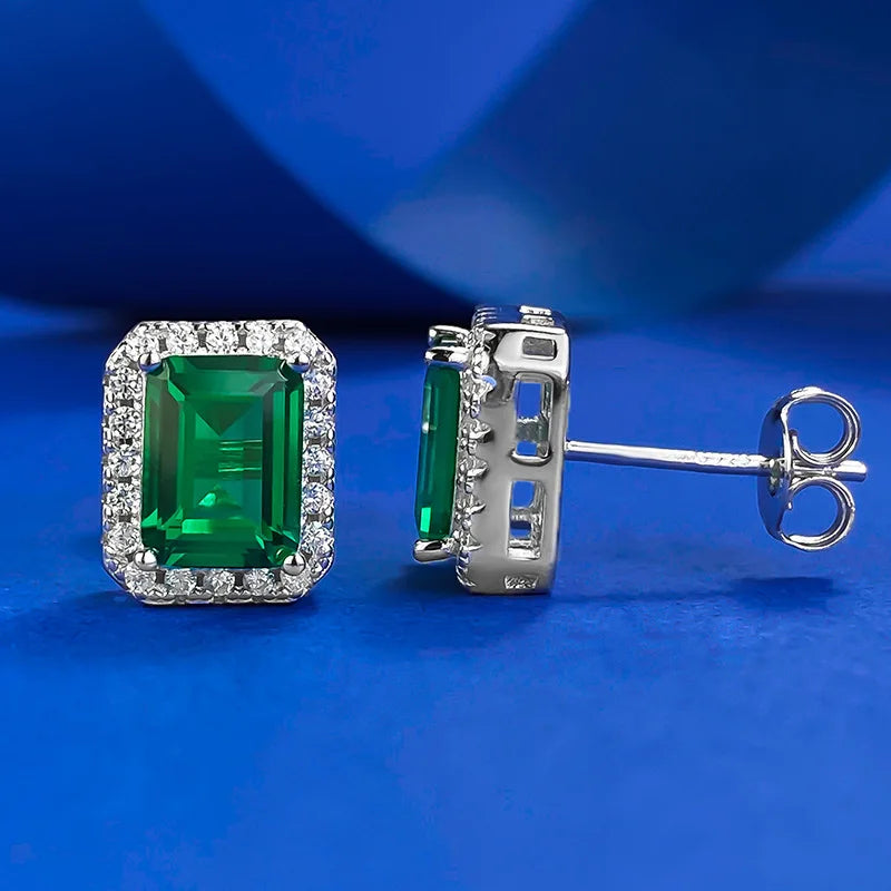 100% 925 Sterling Silver 6*8mm Synthetic Emerald Stud Earrings For Women Sparkling Wedding Party Fine Jewelry Wholesale