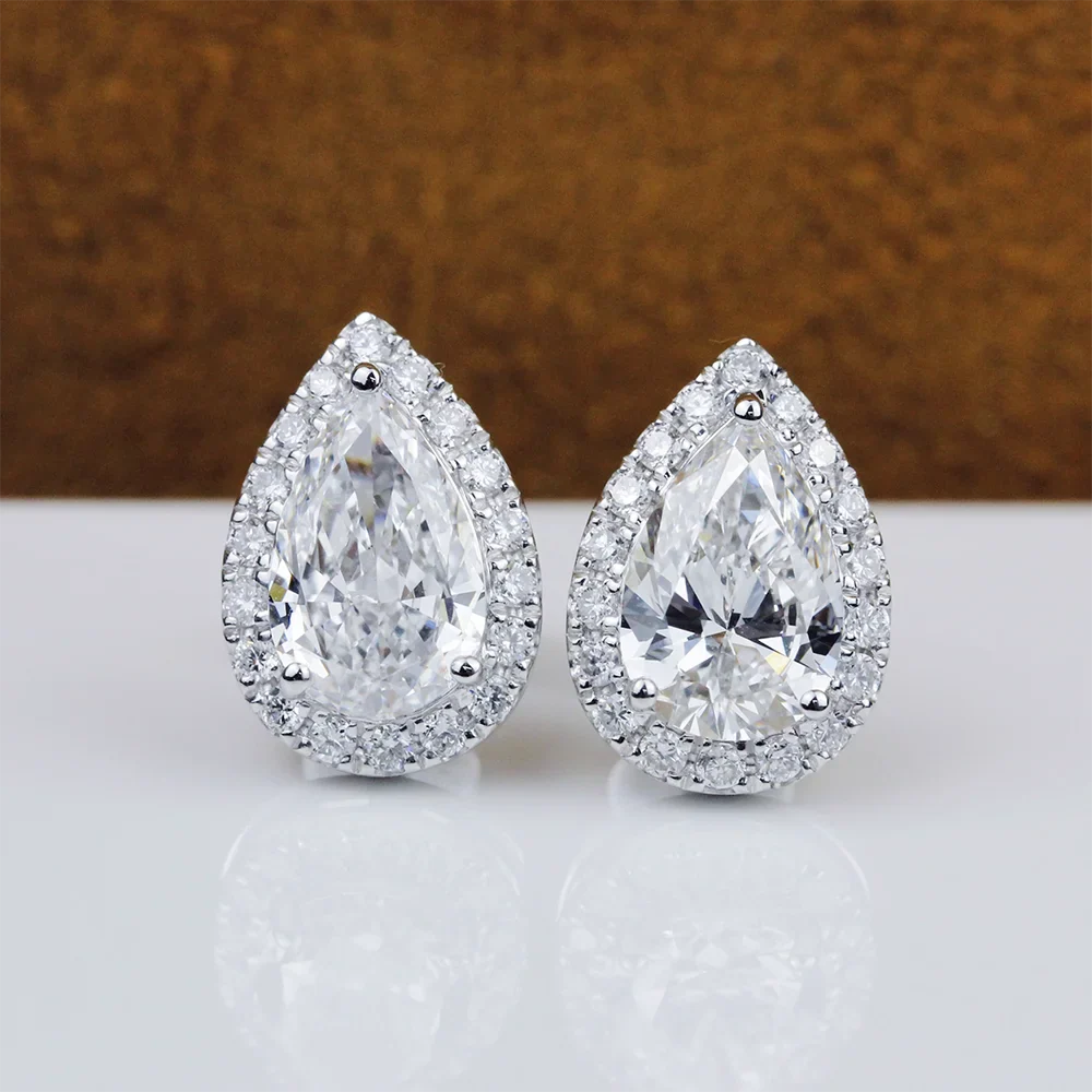 2cttw Pear Cut Moissanite Halo Diamond Earrings with Certificate 925 Sterling Silver Waterdrop Shape Stud Earrings for Women